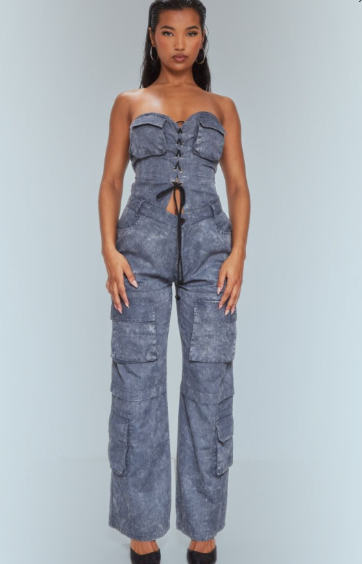 Grey Acid Wash Bandeau Lace Up Utility Jumpsuit