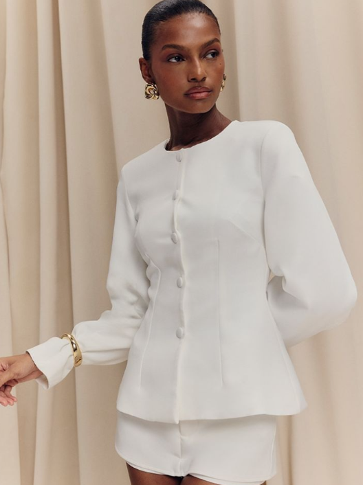 White Woven Cinched Waist Cocoon Sleeve Button Up Blazer