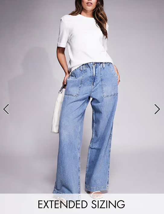 Good American lite linen denim pants in mid blue