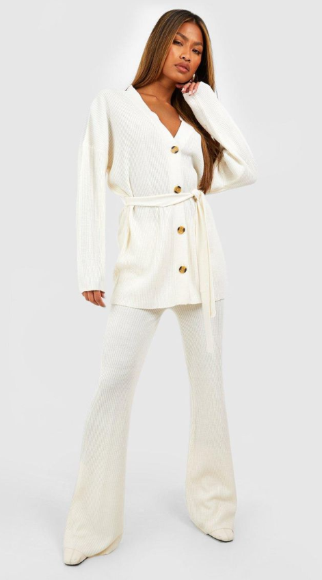 Boohoo Knitted Cardigan & Wide Leg Trouser Co-ord - ecru
