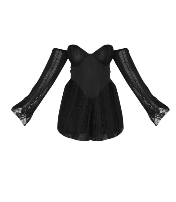 Plt - Plus Black Textured Lace Corset Detail Long Sleeve Playsuit