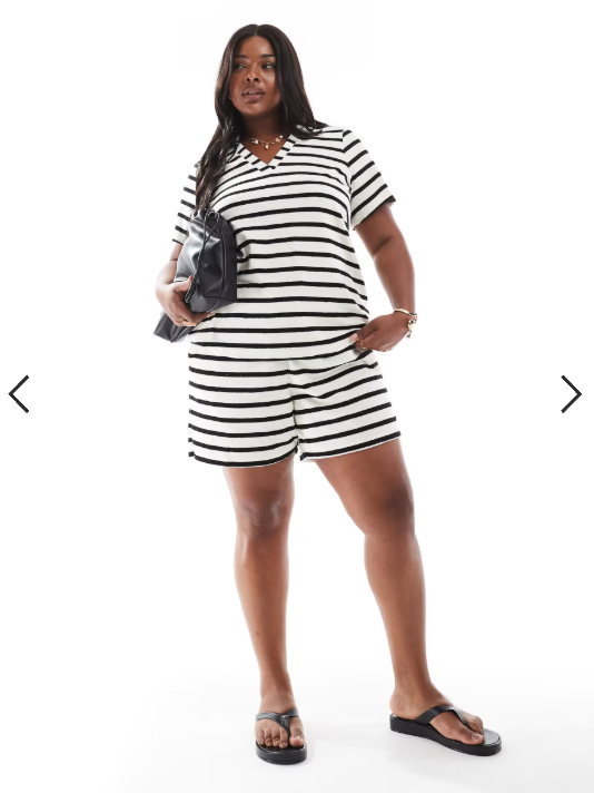 Vero Moda Curve towelling polo t-shirt and short co-rd in mono stripe