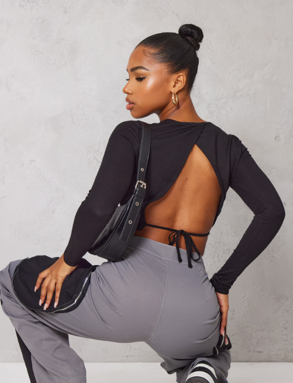 Black Tie Back Long Sleeve Crop Top