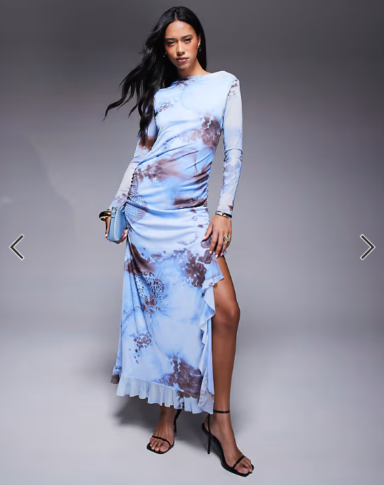 ASOS DESIGN mesh long sleeve frill detail a line maxi dress in blue floral print