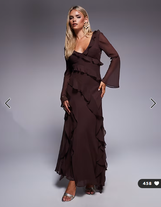 Forever New Petite chiffon ruffle bell sleeve maxi dress in chocolate