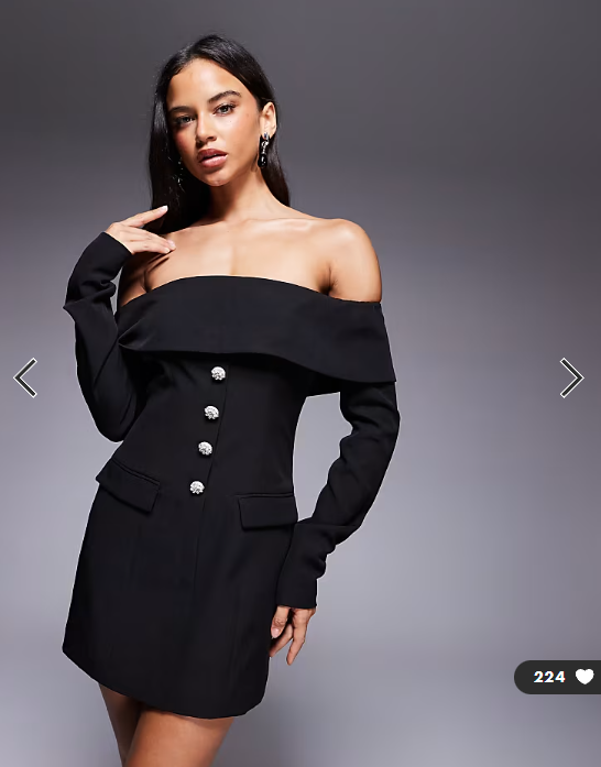 Kaiia Exclusive bardot foldover tailored long sleeve diamante button detail mini dress in black