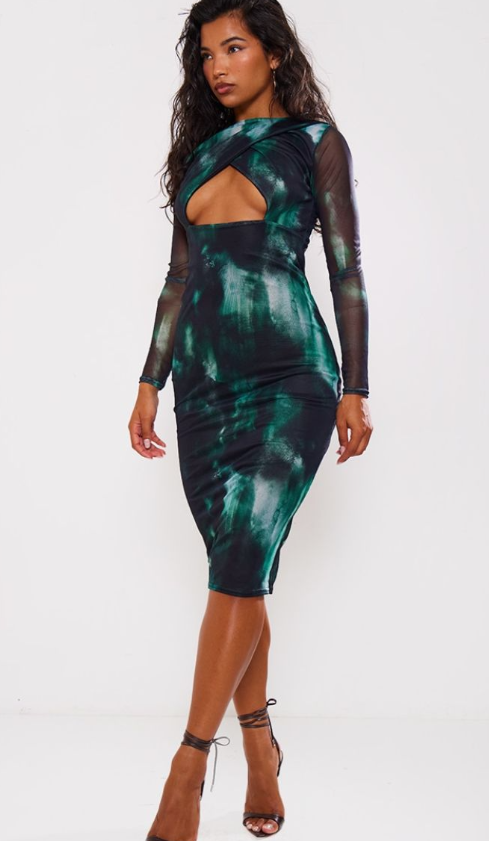 Khaki Print Mesh Wrap Cut Out Midi Dress