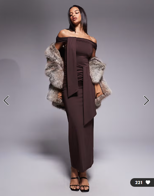 The Frolic exclusive slinky bardot drape detail maxi dress in chocolate