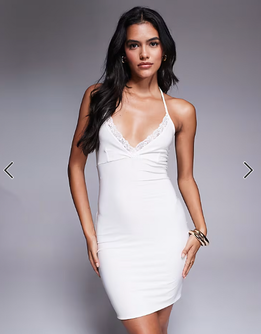 Fashionkilla double sculpted slinky lace trim wrap halterneck mini dress in white