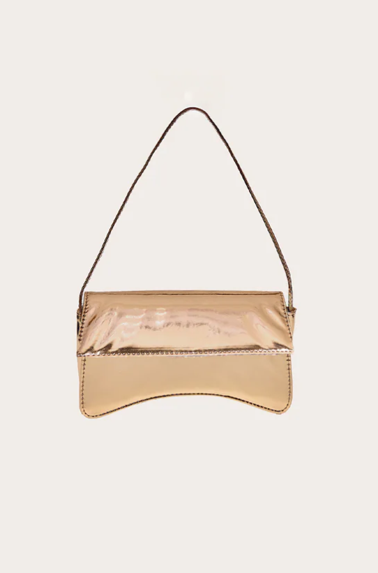 Gold PU Flap Over Baguette Shoulder Bag