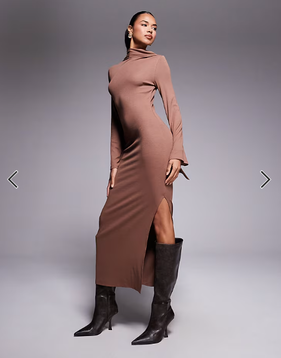 ASOS DESIGN scarf detail fluted sleeve midi dress in brown