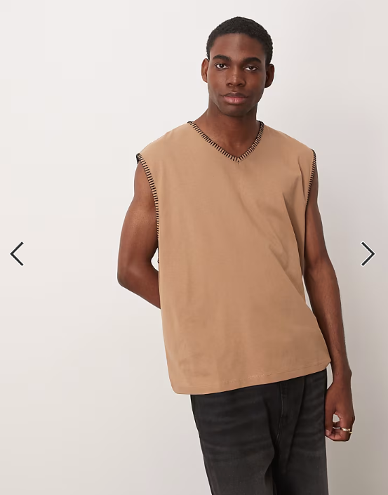 ASOS DESIGN oversized boxy v neck tank with stitch detail in brown