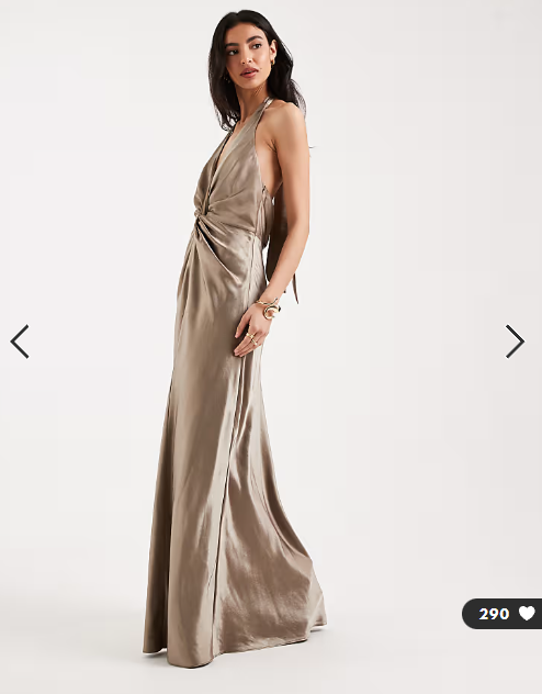 Six Stories Bridesmaids satin plunge knot detail open back maxi dress in mocha
