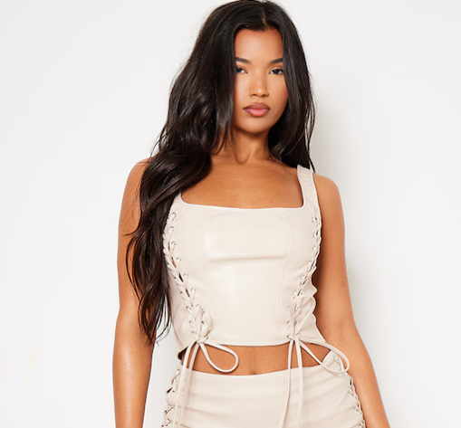 Premium Cream Faux Leather Lace Front Square Neck Corset