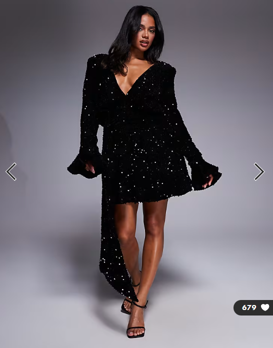 ASOS LUXE sequin velvet drape front mini dress with exaggerated shoulders in black