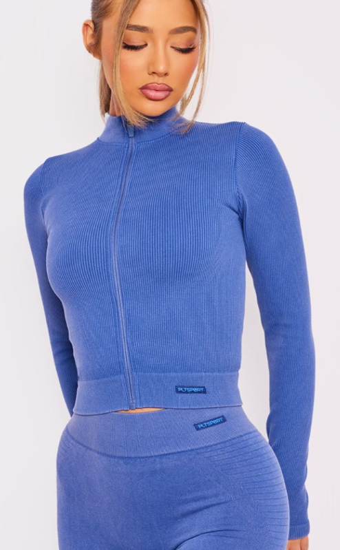 PLT SPORT Navy Acid Wash Seamless Zip Up Cropped Sports Jacket