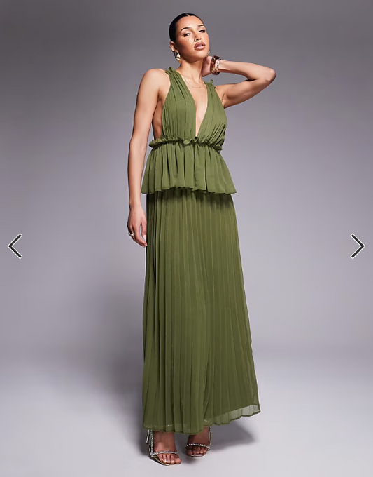 ASOS DESIGN pleated plunge midi dress with peplum in dark khaki