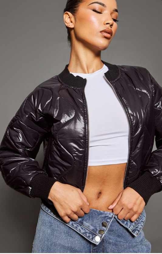 Plt Black Wave Quilted Cropped Bomber Jacket