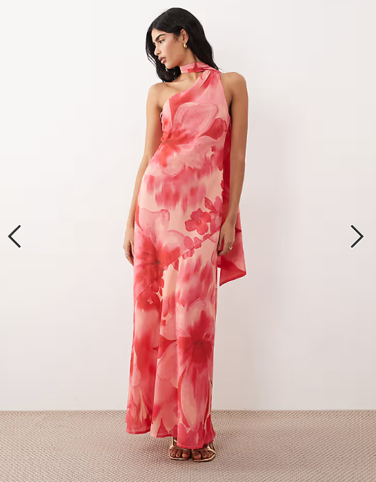 Pretty Lavish chiffon one shoulder scarf neck maxi dress in red floral