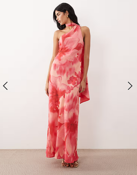 Pretty Lavish chiffon one shoulder scarf neck maxi dress in red floral