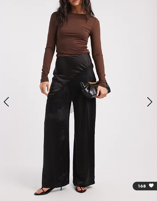 ASOS DESIGN tailored wide leg satin trousers with lace trim skirt overlay in black