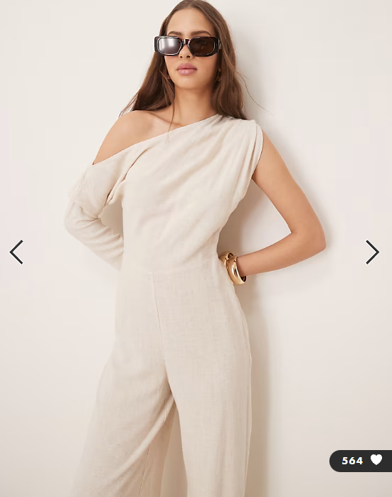 ASOS DESIGN linen fallen shoulder jumpsuit in oat