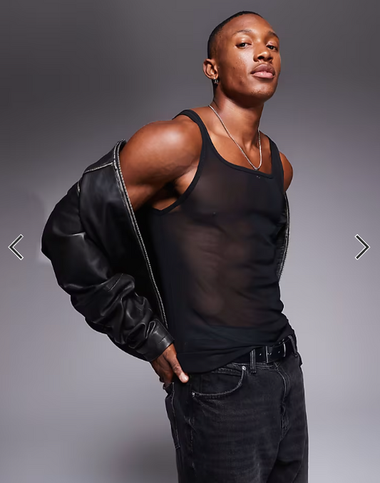 ASOS DESIGN square neck muscle fit vest in black mesh .