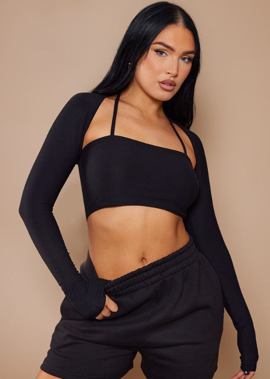 Black Soft Touch Halter Tie Crop Top