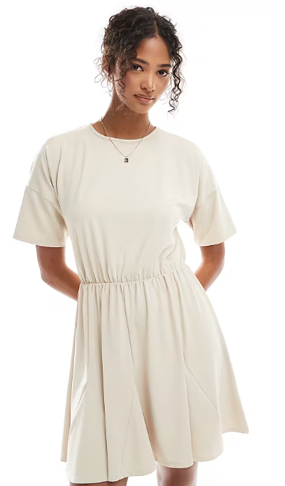 ASOS DESIGN godet hem mini T-shirt dress in beige