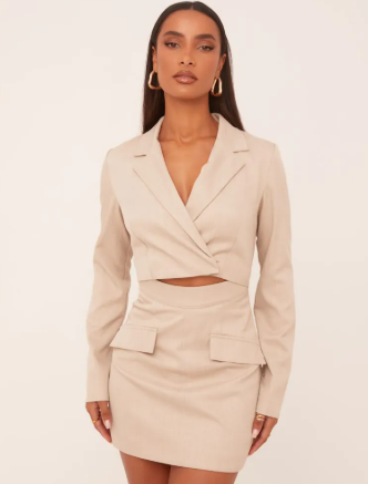 Long Sleeve Overlay Detail Blazer Dress In Stone Woven