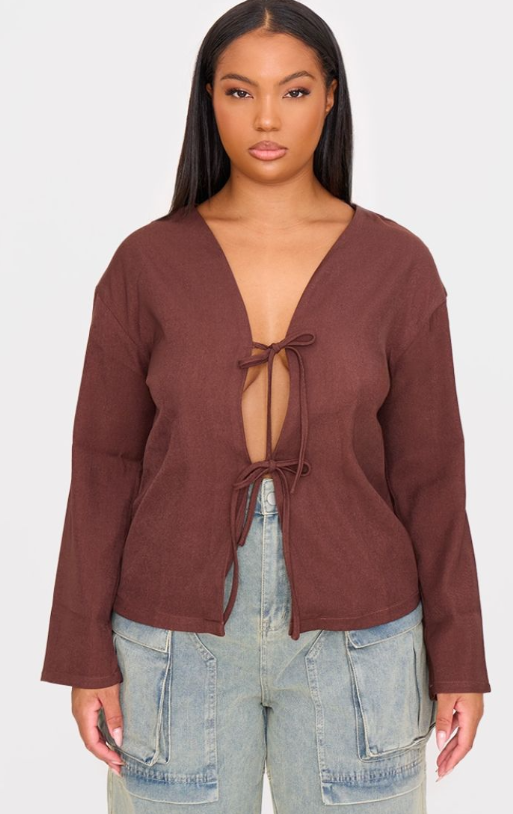 Plus Brown Woven Tie Front Flared Sleeve Shirt