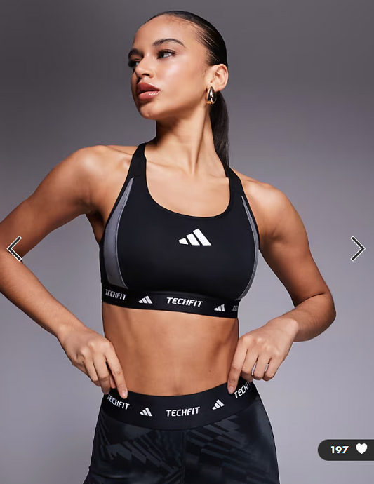 adidas Training Tech Fit mid support sports bra in black colourblock