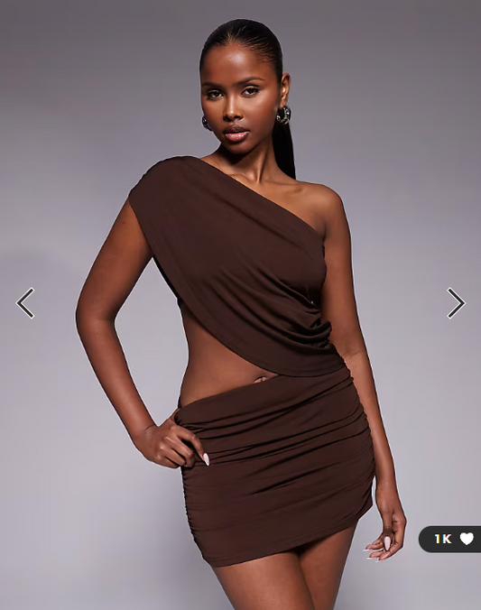 Tiger Mist Ryland off shoulder drape cut out detail mini dress in chocolate