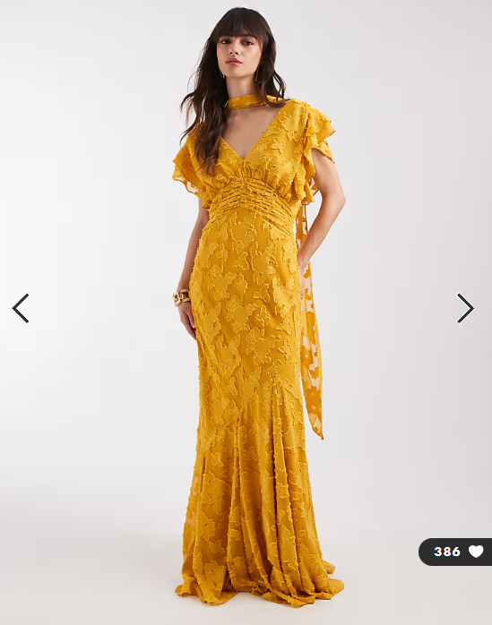 Pretty Lavish - v ndck frill jacquard godet maxi dress in ochre