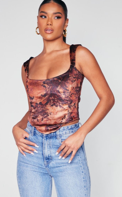 Rust Printed Velvet Square Boned Corset