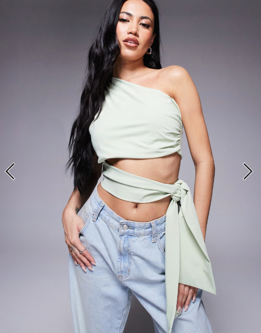 ASOS DESIGN clean one shoulder tie side top in pistachio