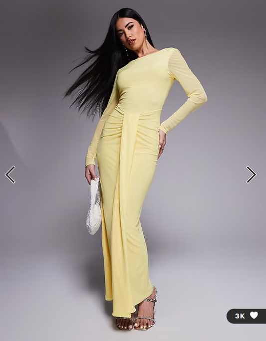 ASOS DESIGN mesh long sleeve slash neck open back maxi dress with sash in pastel yellow