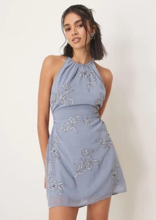 Asos - all over floral embroidered halter mini dress with open back