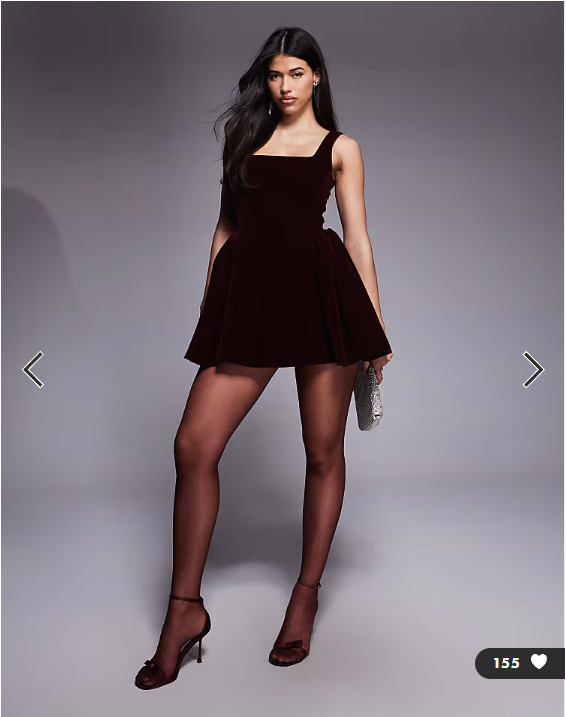 Asos - Wanderdoll Lucky velvet square neck hip detail mini dress in burgundy