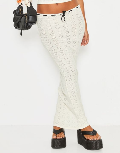Petite Cream Pointelle Knit Maxi Skirt With Contrast Trim