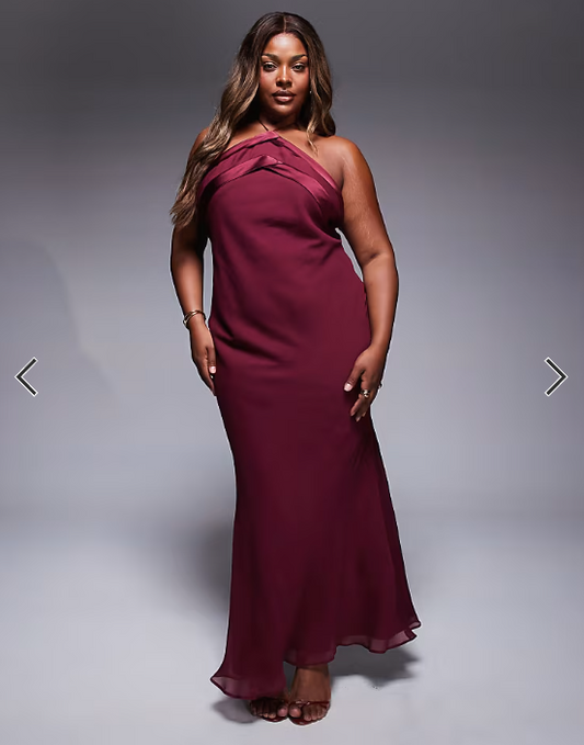 ASOS DESIGN Curve satin tape halter maxi dress in burgundy