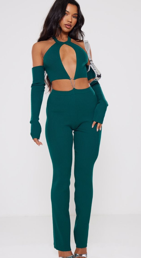 Plt - Emerald Green Rib Knit Cut Out Chain Detail Jumpsuit
