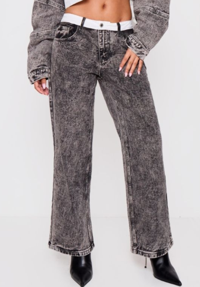Petite Washed Grey Contrast Waistband Denim Jeans