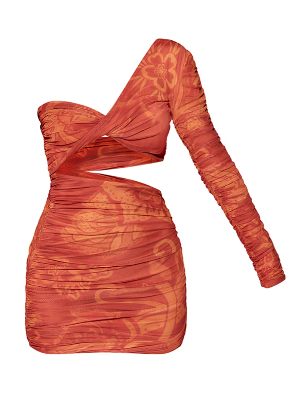 Plt - Orange Floral Print Double Layer Mesh Ruched Detail Bodycon Dress