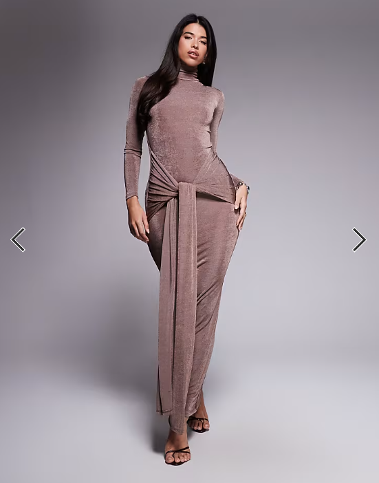 Aria Cove slinky high neck knot drape front maxi dress in mocha
