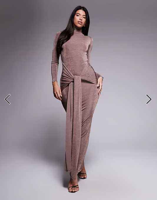 Aria Cove slinky high neck knot drape front maxi dress in mocha