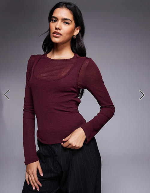 ASOS DESIGN gauzy sheer double layer top in burgundy