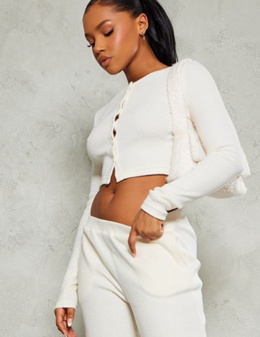 PLt - Cream Brushed Rib Button Front Cardigan