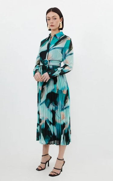 Marble georgette pleated woven belted maxi dress