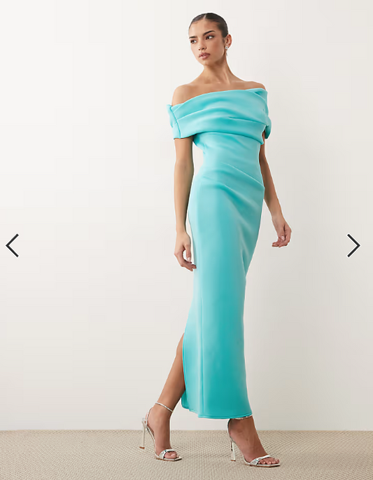 ASOS DESIGN bardot midi dress with split in turquoise scuba-style fabric